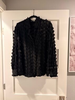 Zara Black Floral Appliqué Button-Up Blouse